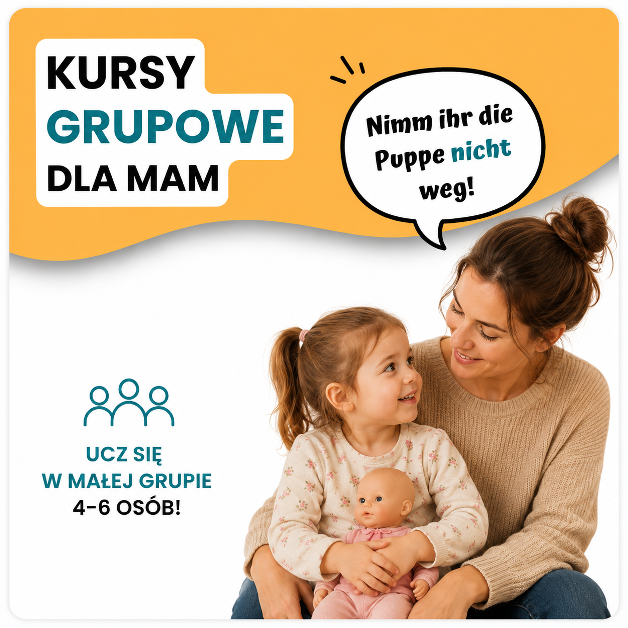 Grupowy kurs niemieckiego dla mam online – nauka praktycznego języka w małych grupach 4–6 osób.